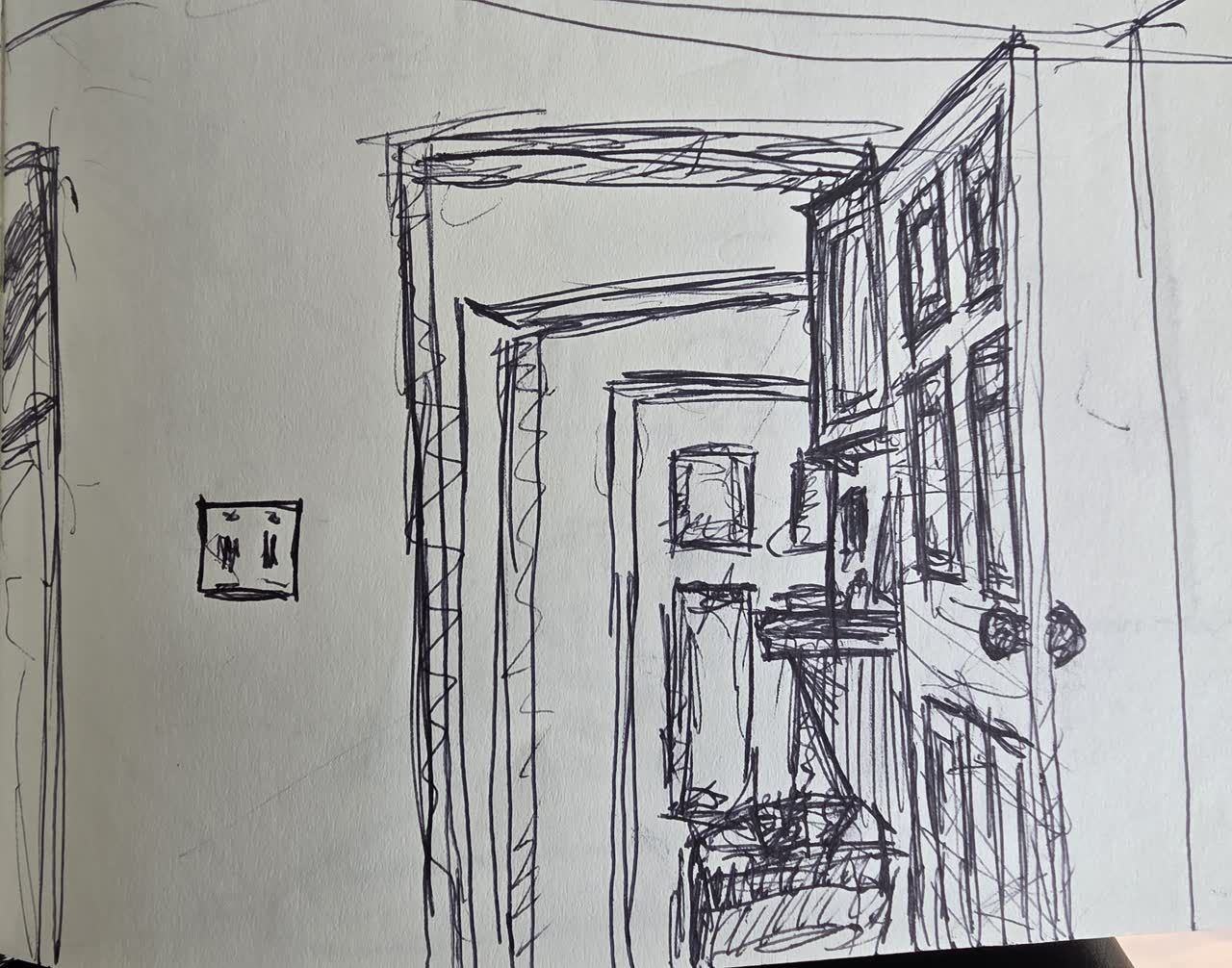 Ink sketch of receding apartment doorways in perspective along a corridor