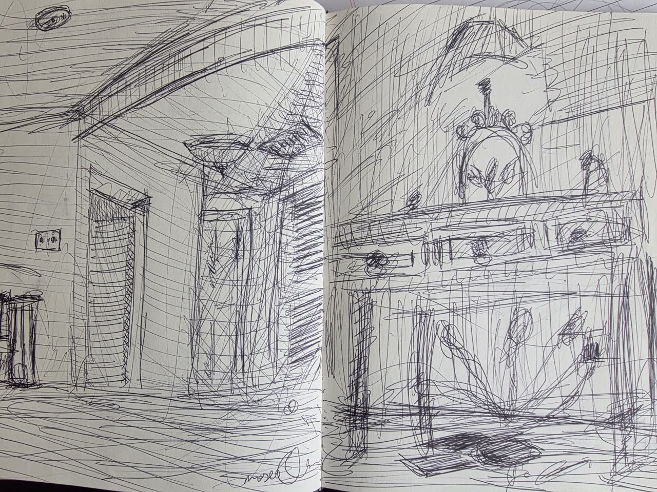 Ink sketch of an apartment hallway with console table and lamp, signed Moses