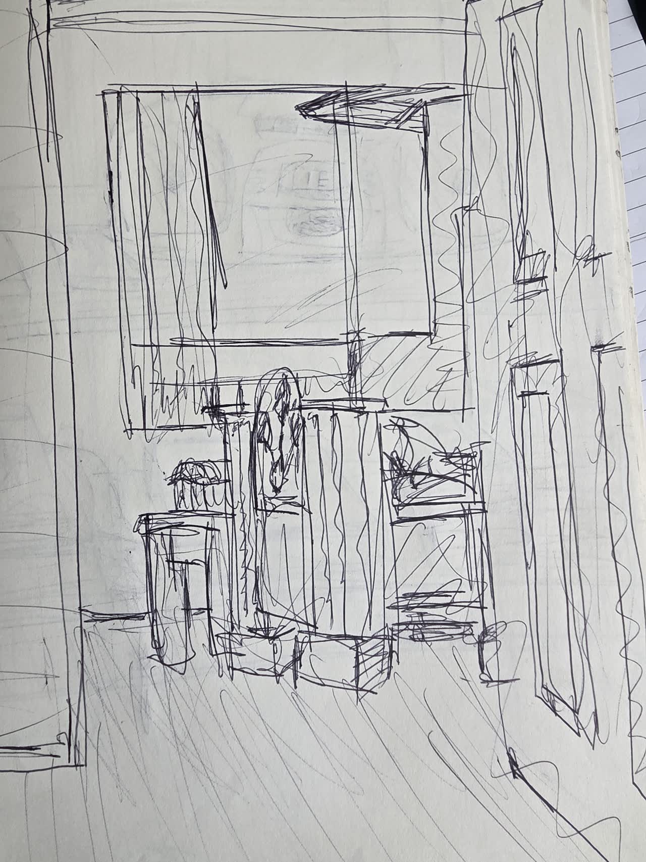 Ink sketch of an apartment room with a window and interior furnishings