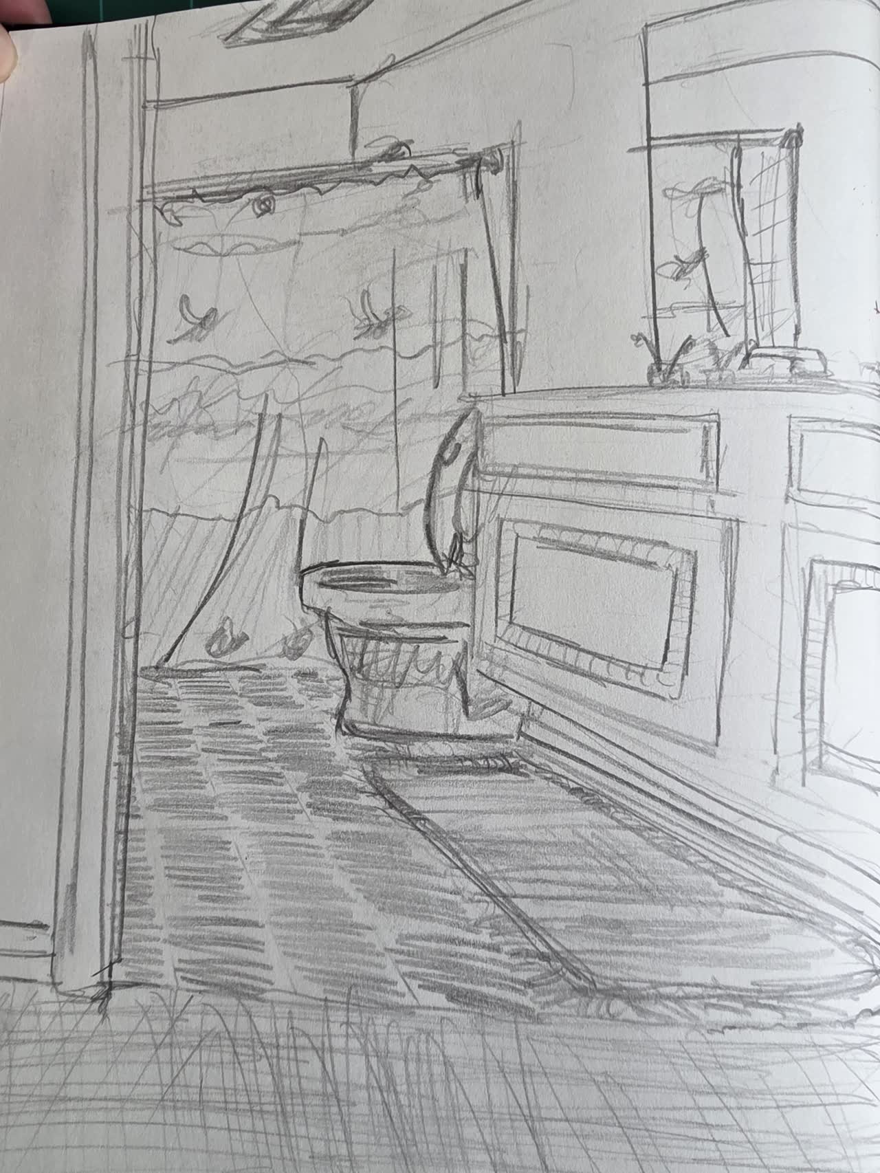 Graphite sketch of an apartment bathroom interior