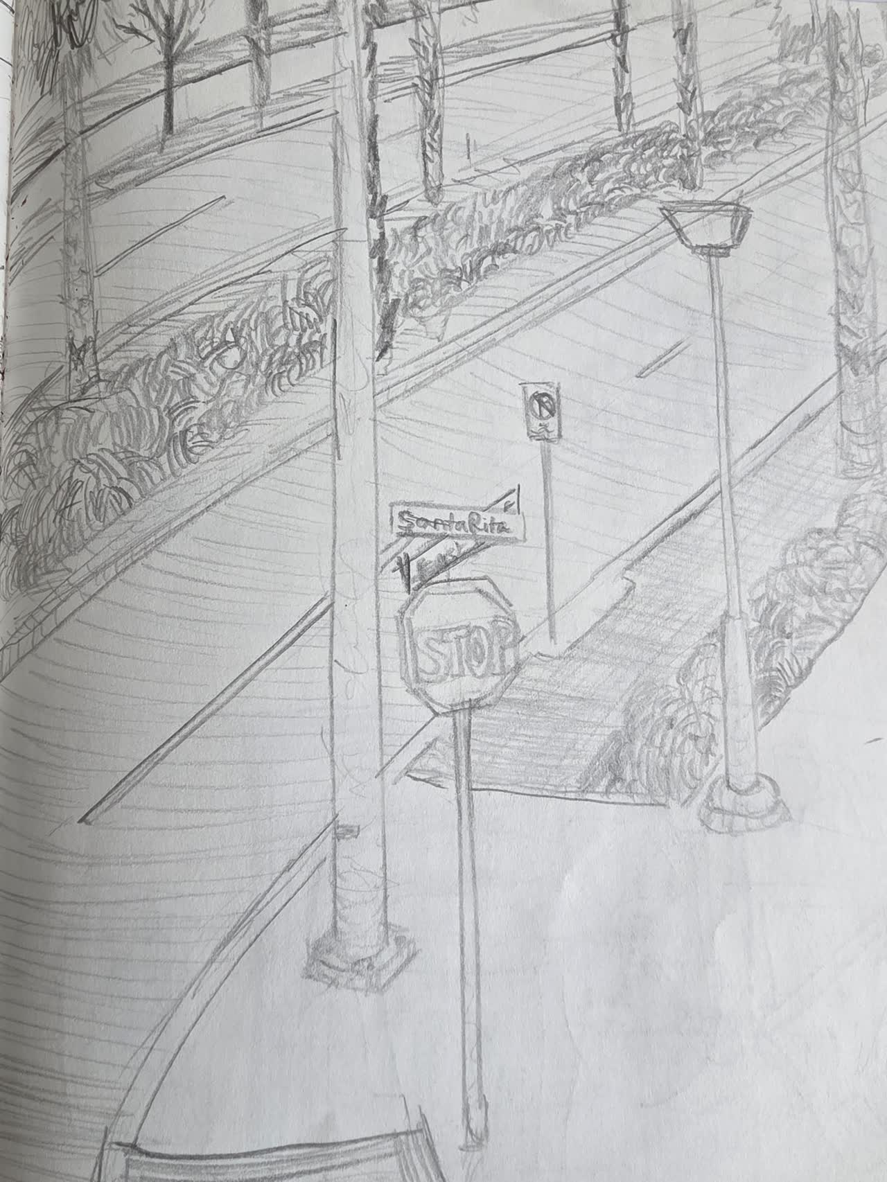 Graphite sketch of Santa Rita street corner viewed from the apartment
