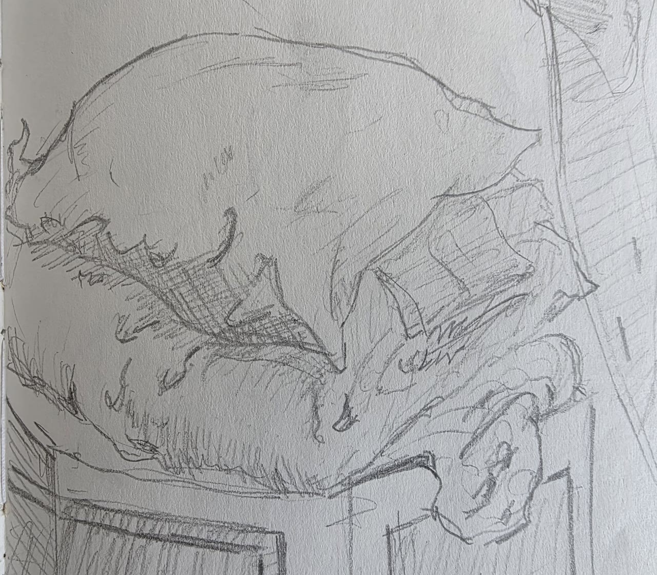 Graphite sketch of pillows and blankets in soft folds