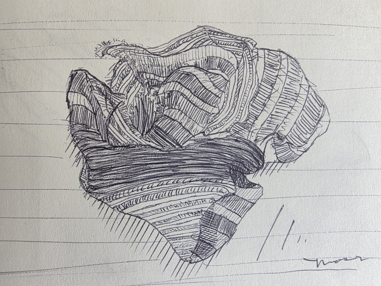 Ink sketch of crumpled cloth or towel, signed Moses