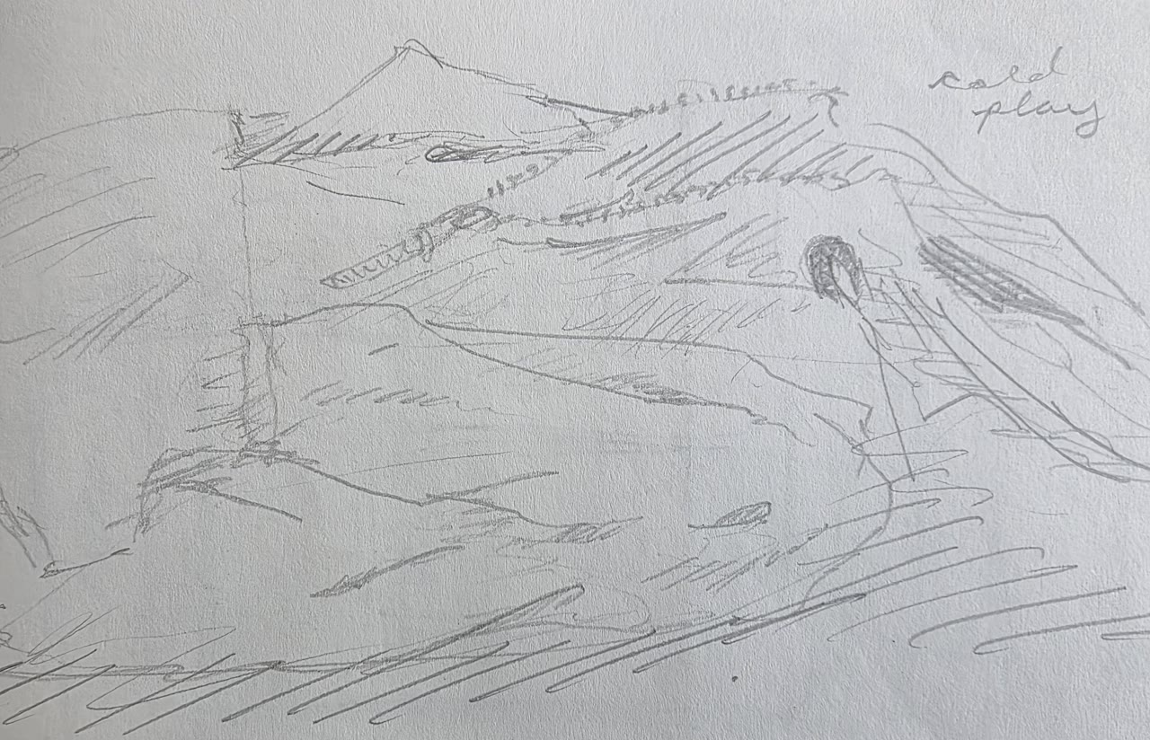 Graphite sketch of fabric folds with note reading cold play