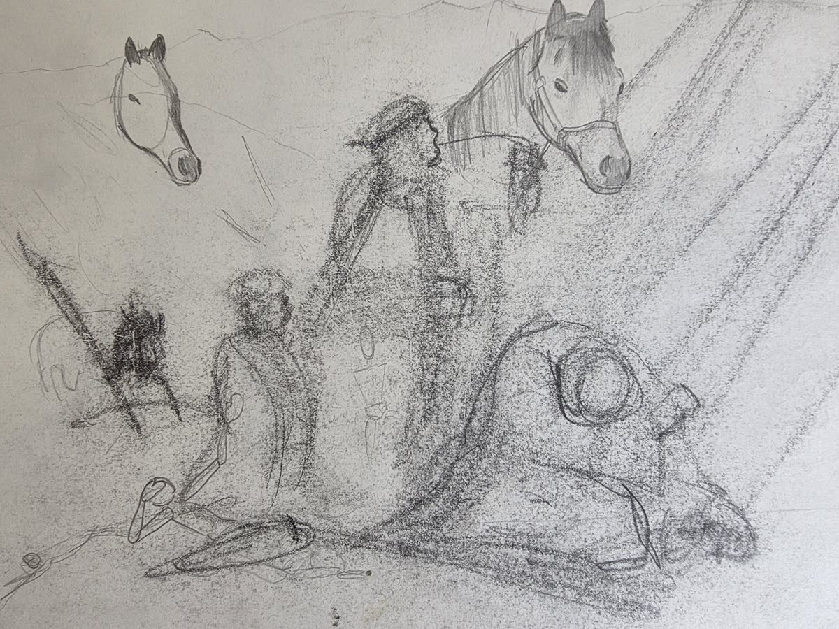 Charcoal sketch of Paul on the road to Damascus with horses and figures in light