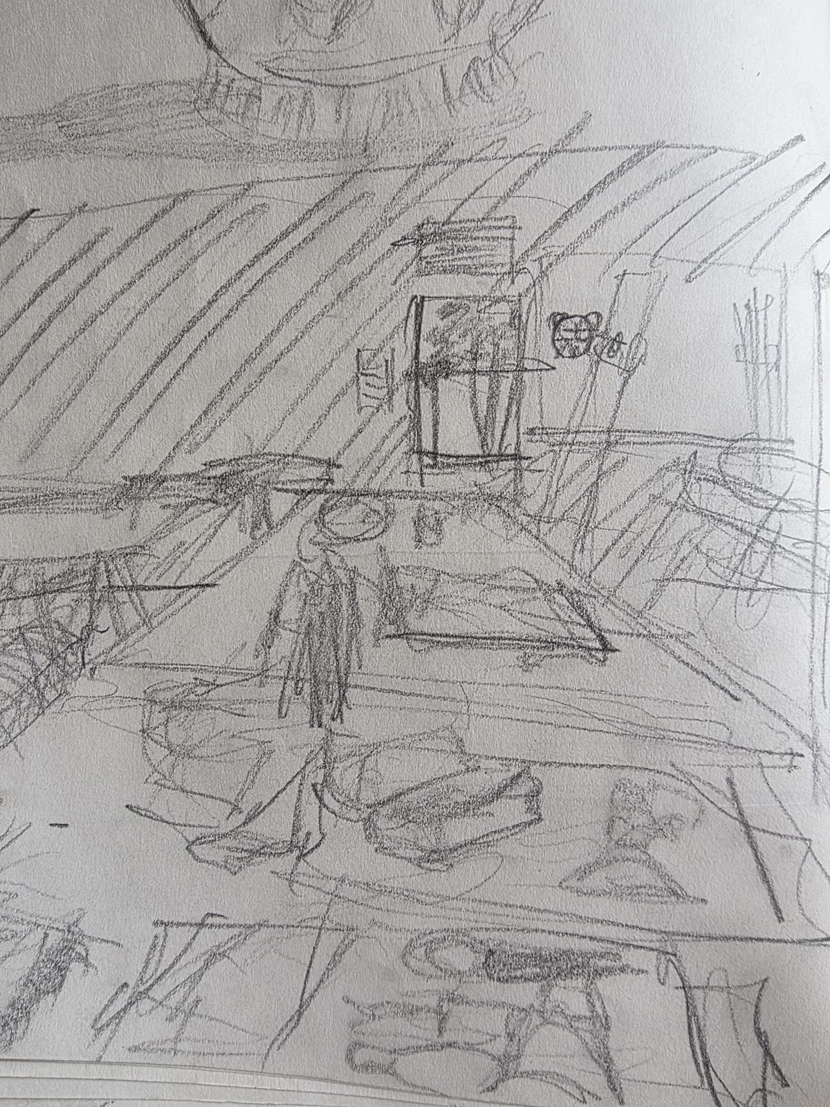 Expressive pencil interior with converging perspective and figure
