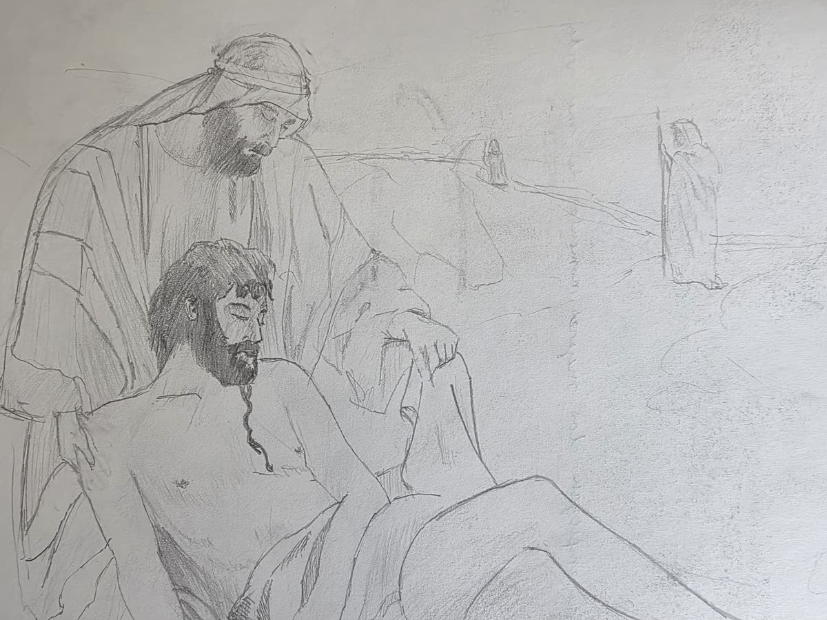 Pencil sketch of the Good Samaritan tending an injured man while another figure walks away
