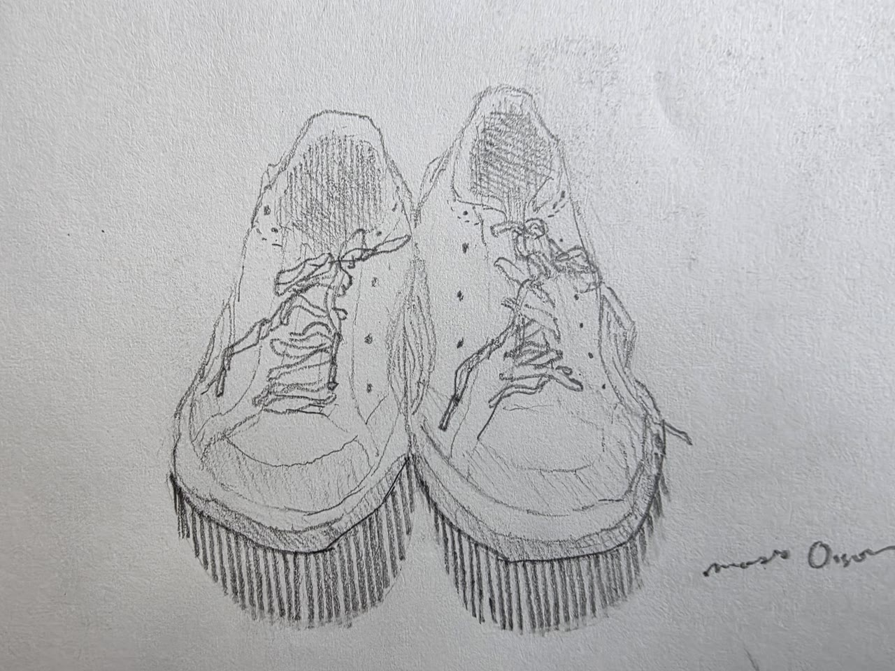Graphite sketch of a pair of sneakers, signed Moses Olson