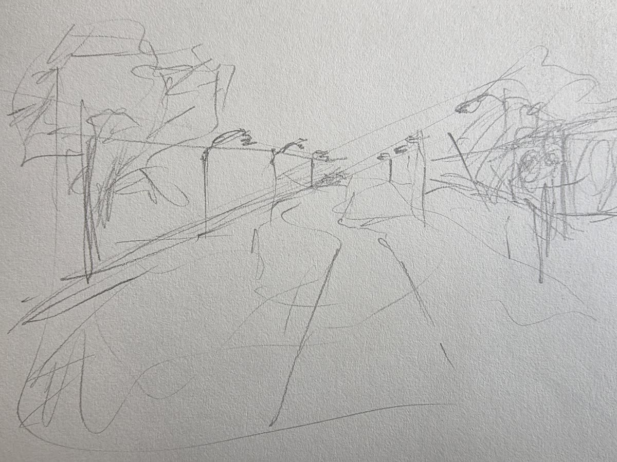 Pencil sketch of a road receding into the distance with trees and poles