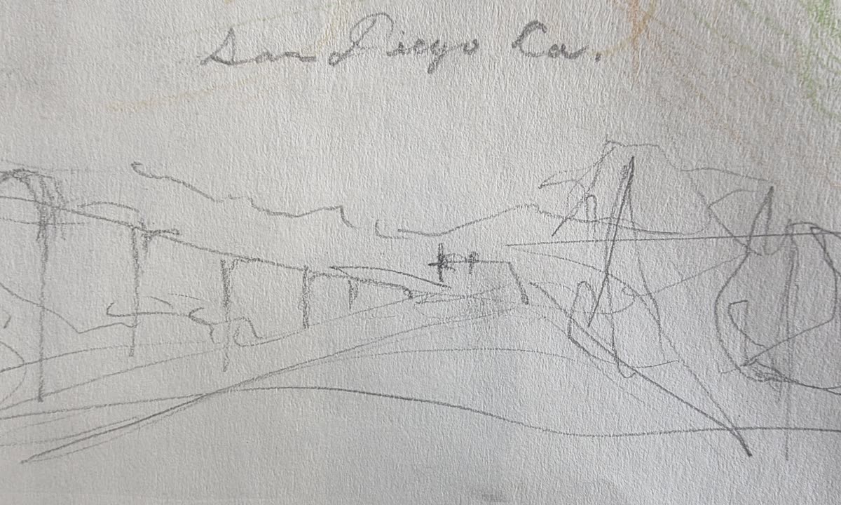 Pencil sketch labeled San Diego Ca, pier or bridge with small airplane