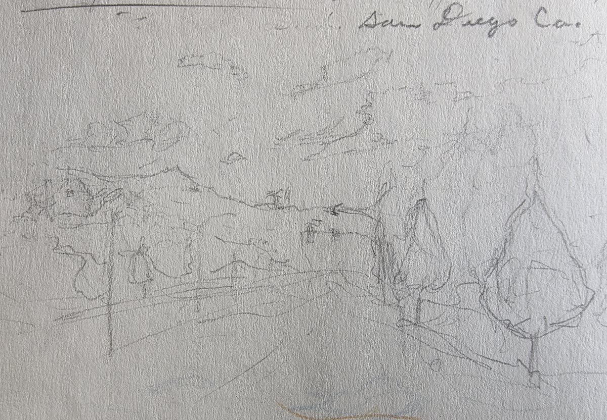 Pencil sketch labeled San Diego Co with hills and teardrop trees