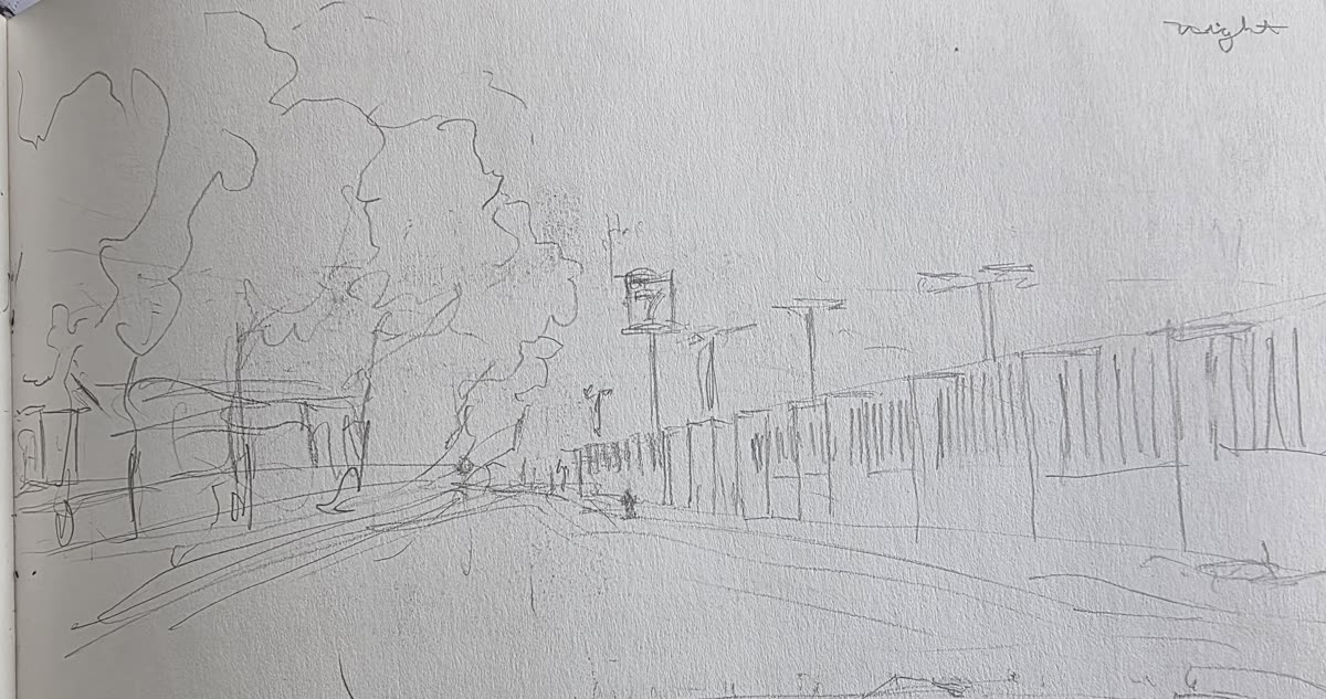 Pencil sketch labeled night showing street, fence, trees, and poles