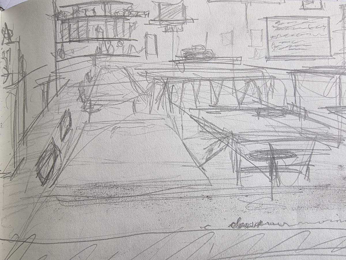 Pencil sketch of a college classroom with worktables and chalkboard