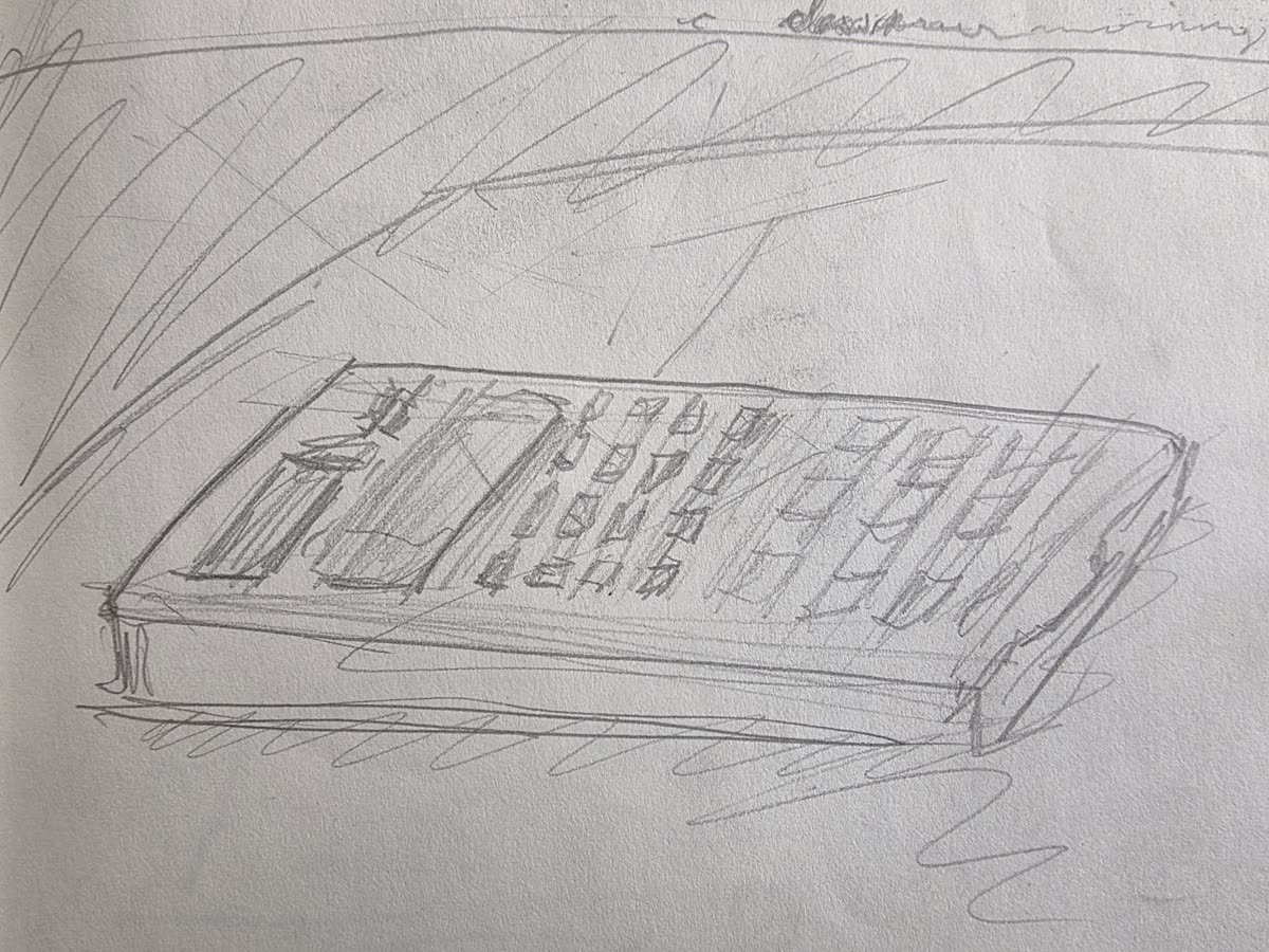 Pencil sketch of a graphing calculator, labeled a classroom morning