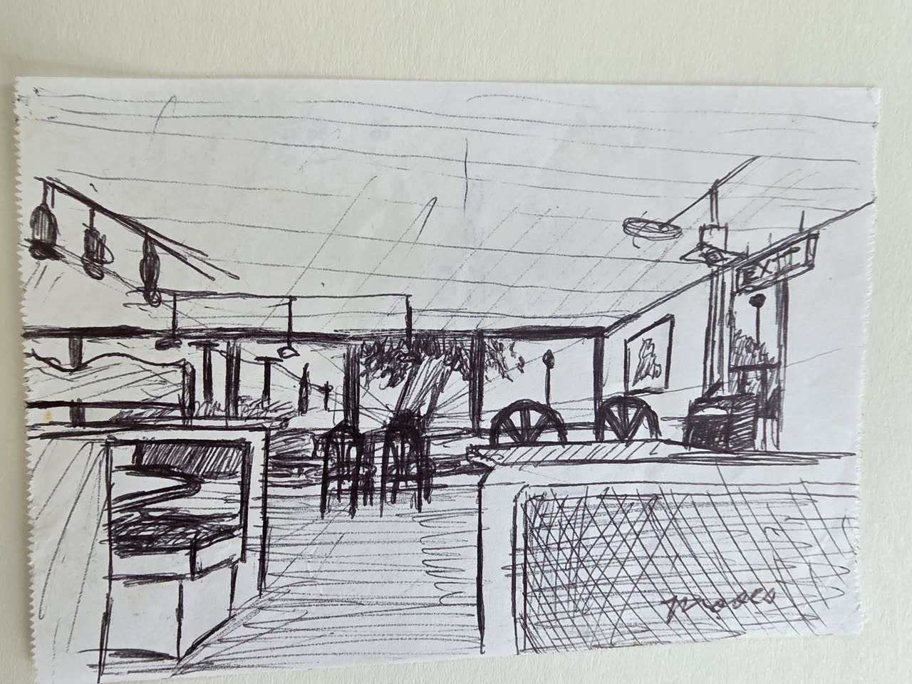 Ink sketch of a restaurant interior drawn on the back of lined receipt paper, with tables, chairs, windows, and an EXIT sign; signed Moses