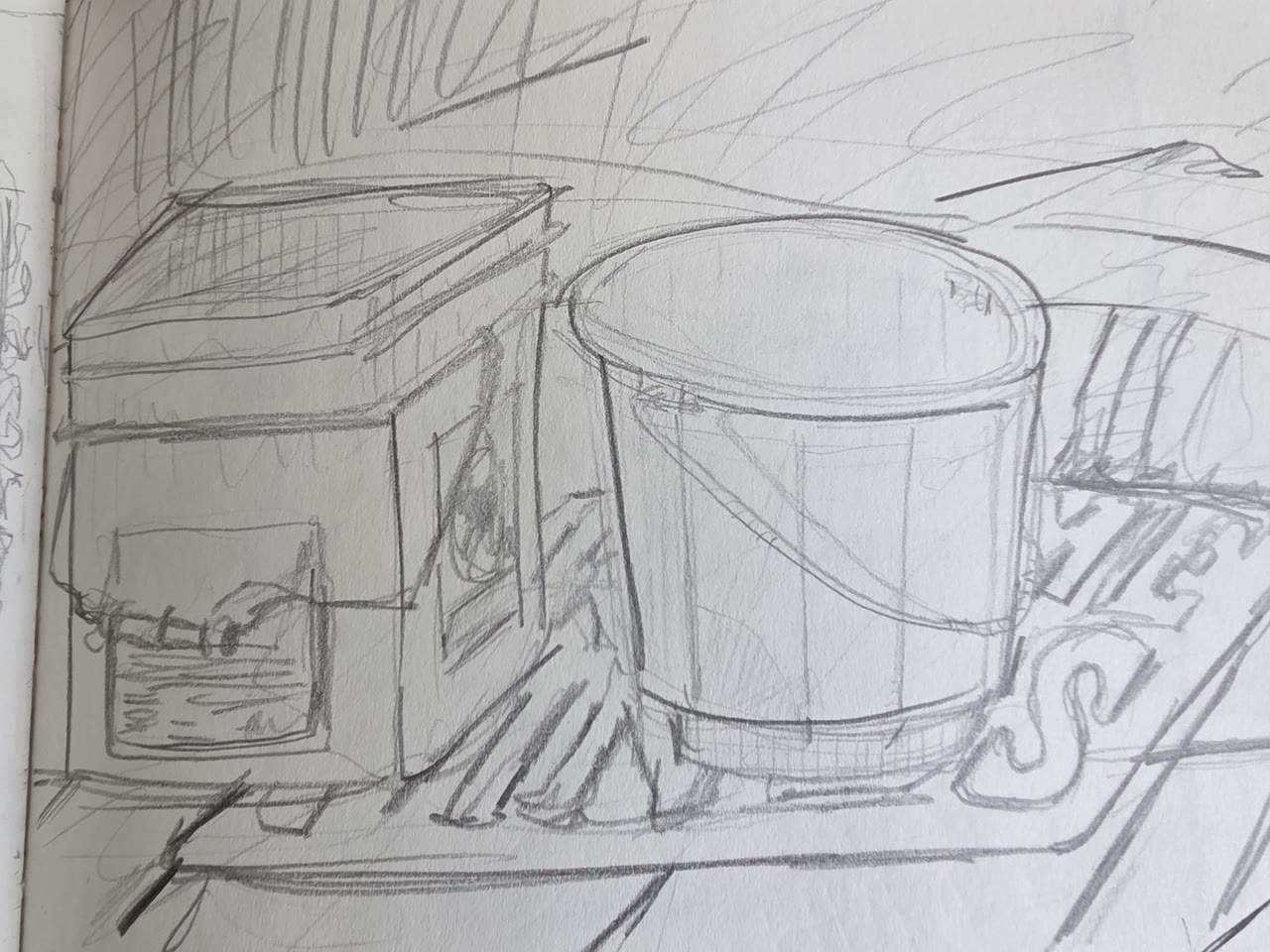 Graphite sketch of two buckets sitting on a tray