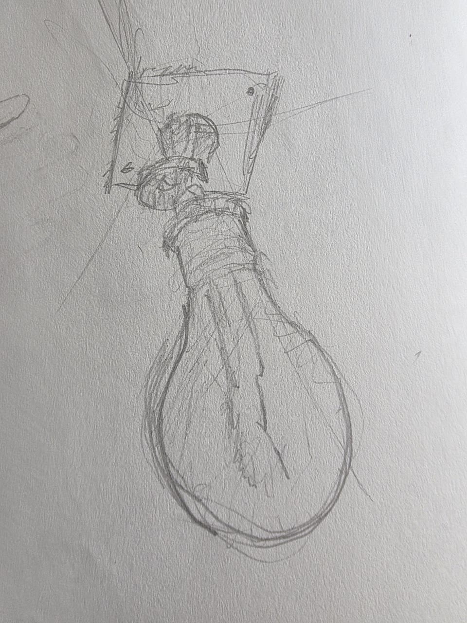 Graphite sketch of a hanging lightbulb with filament and threaded base