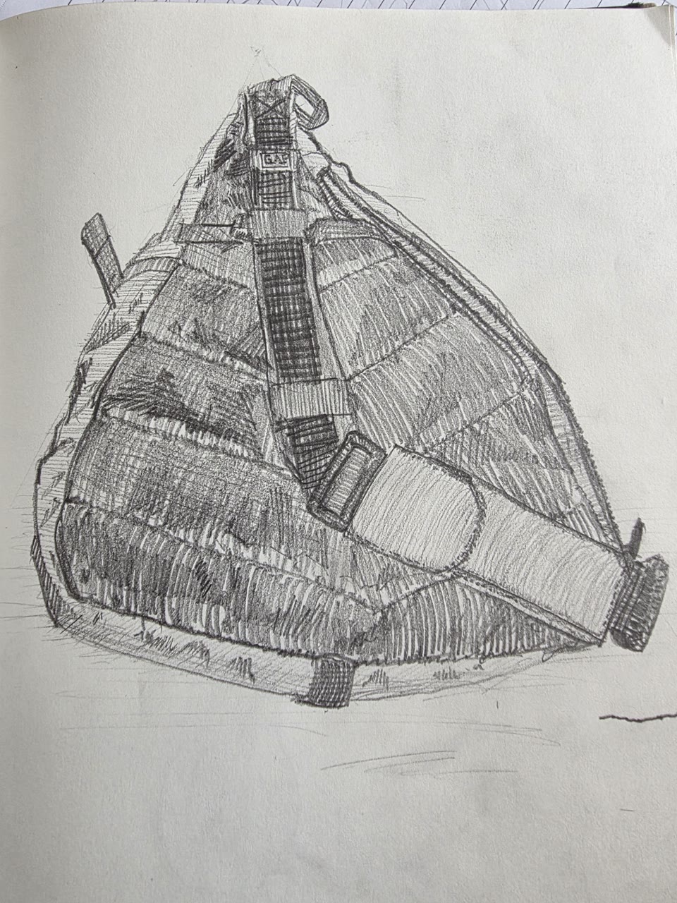 Graphite sketch of a quilted GAP bag with straps and buckle