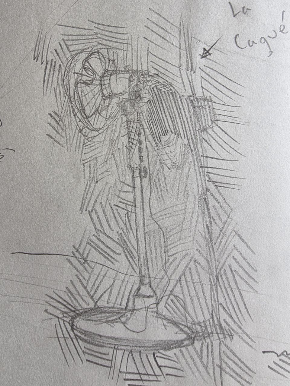 Graphite sketch of a pedestal fan with handwritten note reading La Cagué