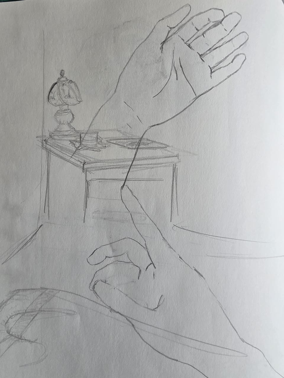 Graphite hand studies overlaid on a sketch of a nightstand with lamp